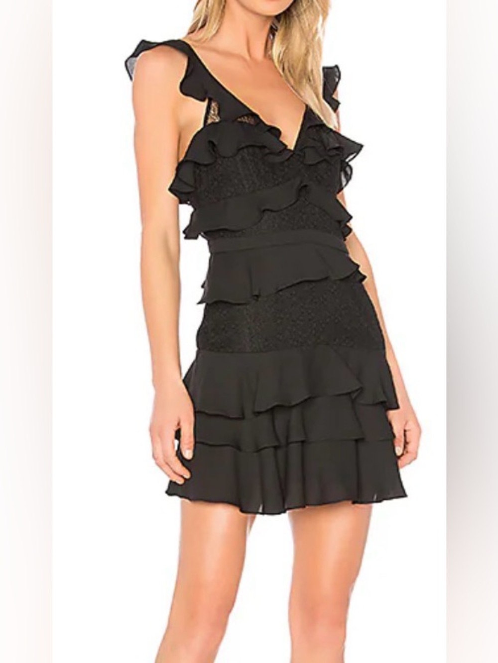 Bardot Black Ruffle Tiered V-Neck Mini Dress